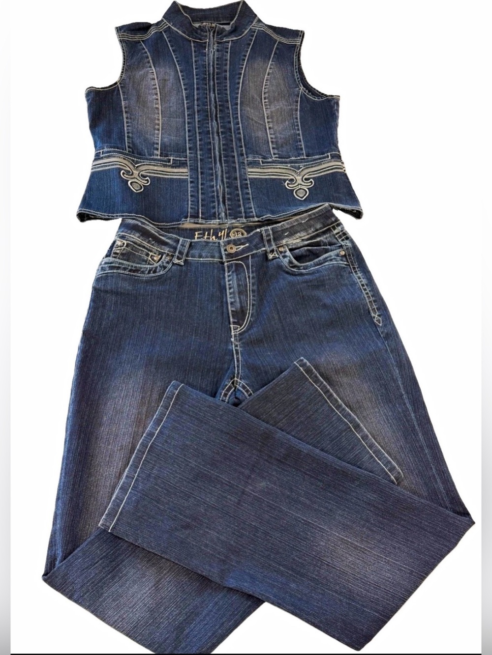 Ethyl Vintage Denim Bootcut  2 pieces suit L Wash Embroidered 5-Pocket 12